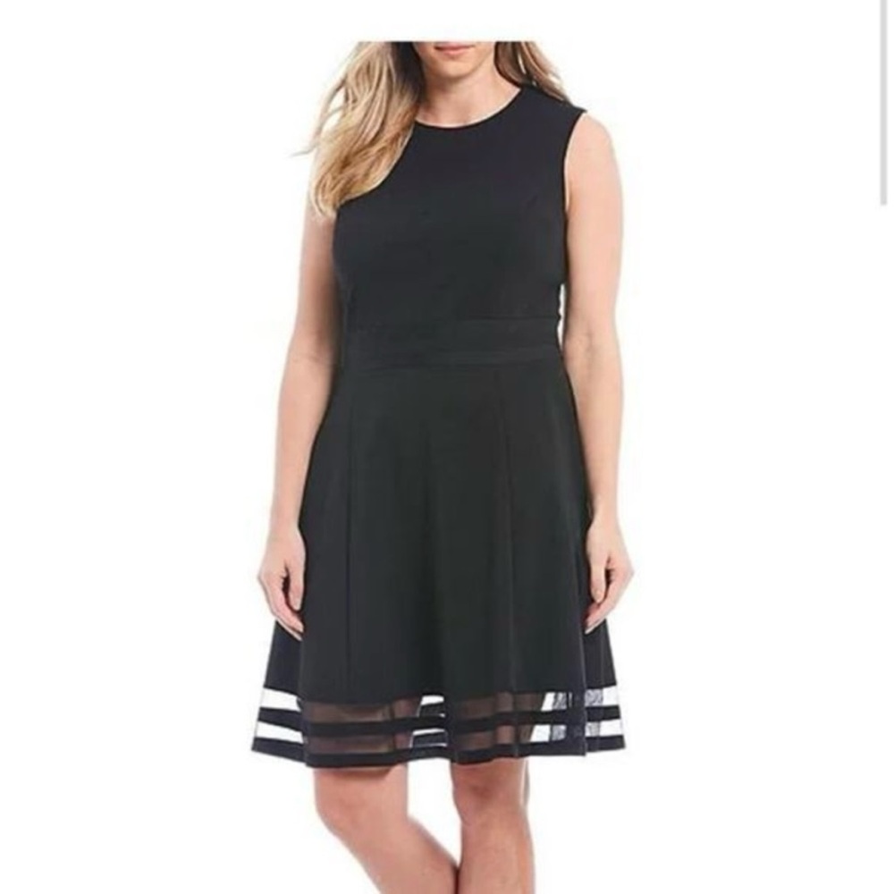 Calvin Klein Black Mesh Illusion Hem Fit Flare‎ Stretch Sleeveless Dress Size 2